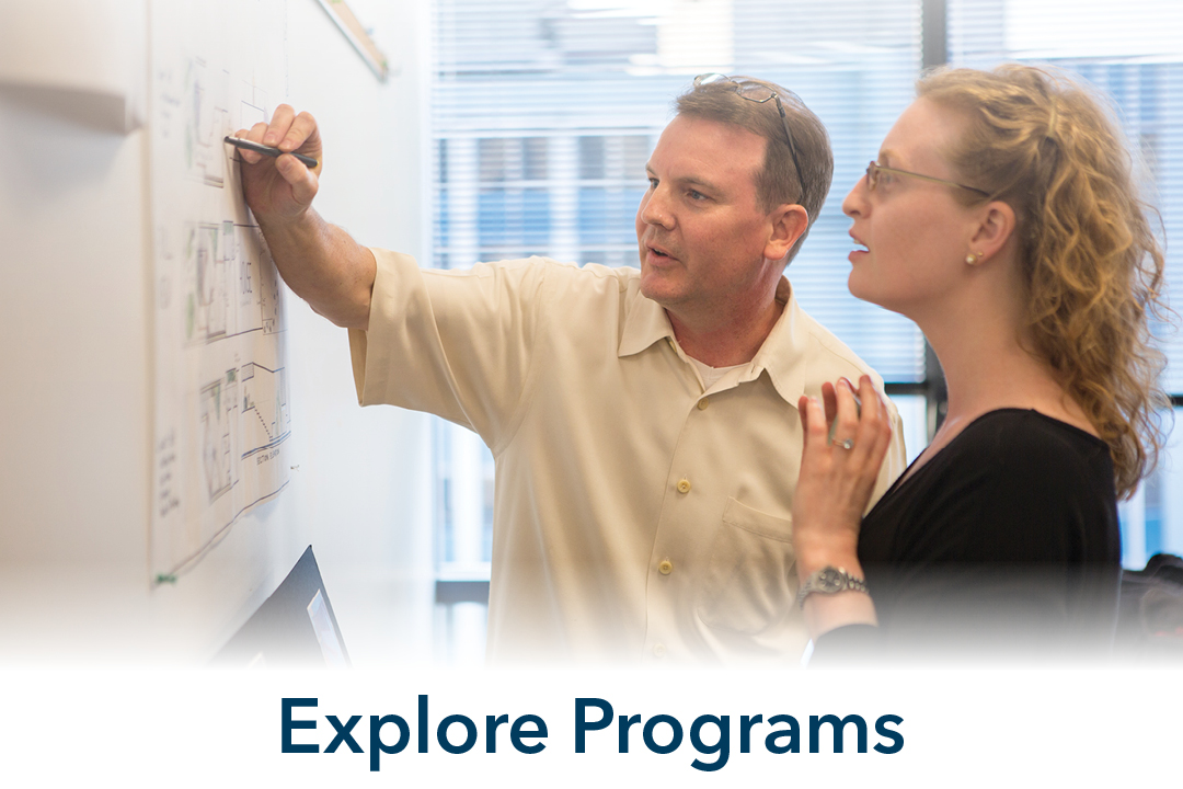 explore programs; man and woman writing on write board