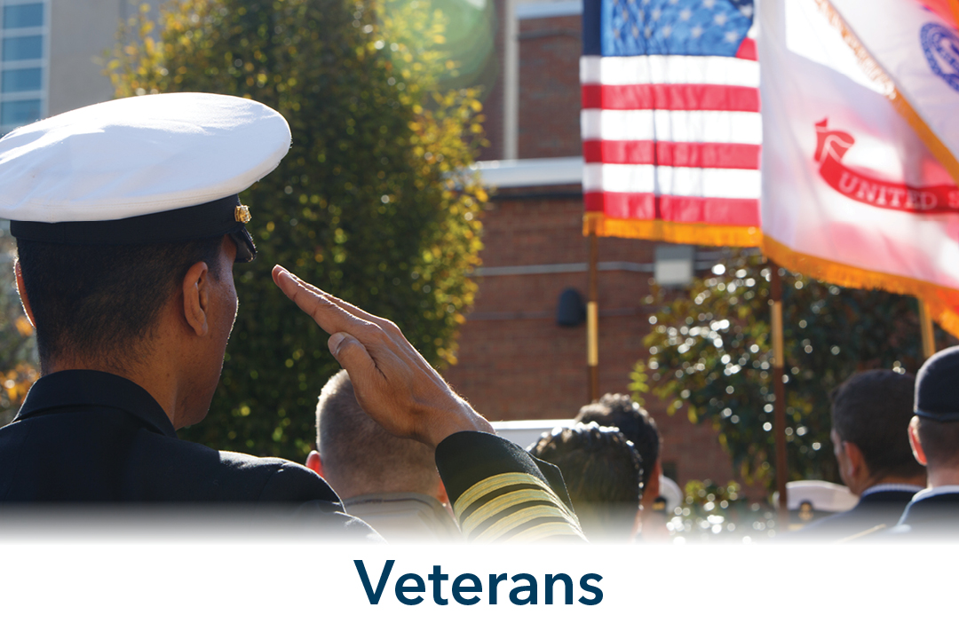 Veterans; view of man in military attire saluting American flag